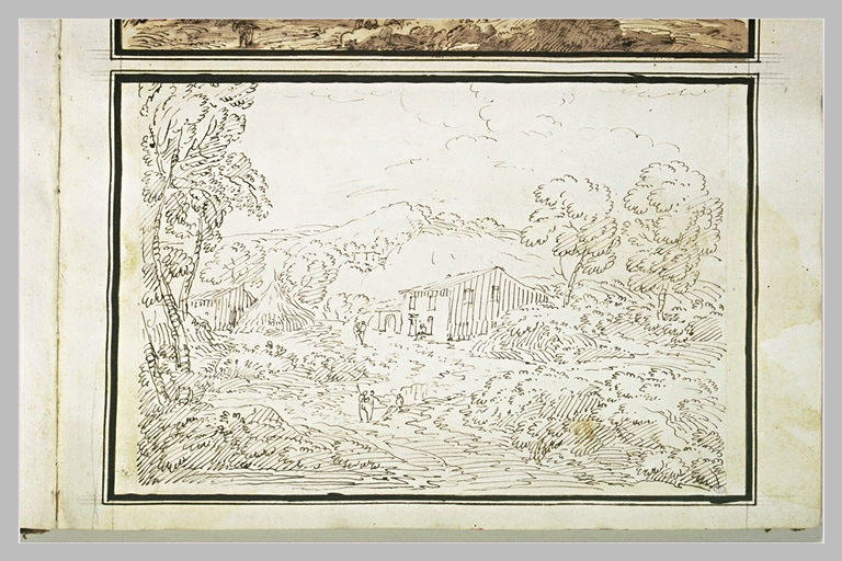 Paysage boisé avec une ferme et deux huttes