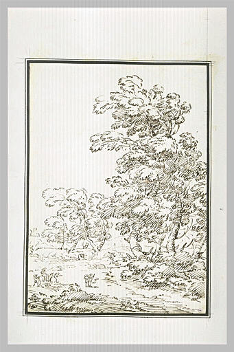 Paysage scandé de grands arbres et de figures cheminant