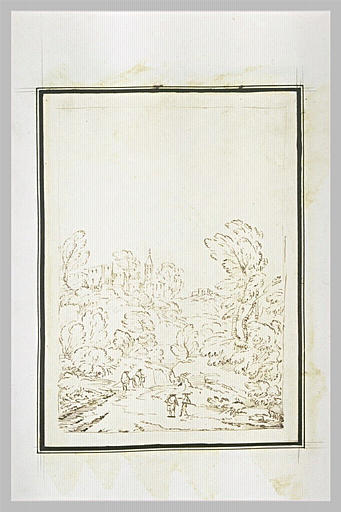 Figures cheminant dans un paysage en direction d'une ville en hauteur