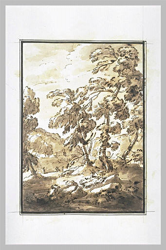 Paysage boisé avec une ferme dans le lointain