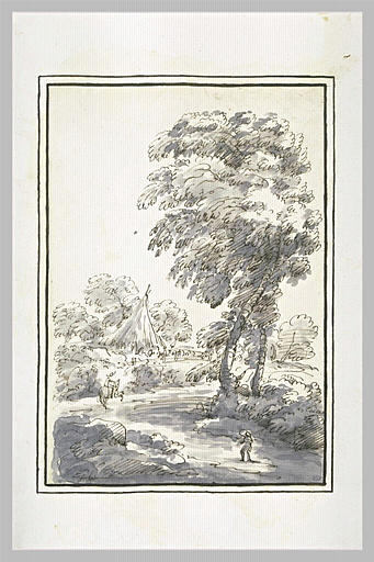 Paysage avec un chemin menant à une hutte