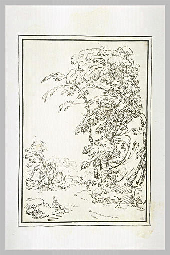 Figures sur une route bordée de grands arbres