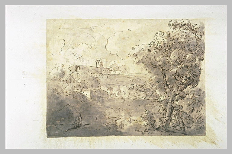 Deux fermes flanquées de tours dans un paysage sous des nuages