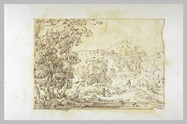 Paysage boisé avec une ferme dans le fond