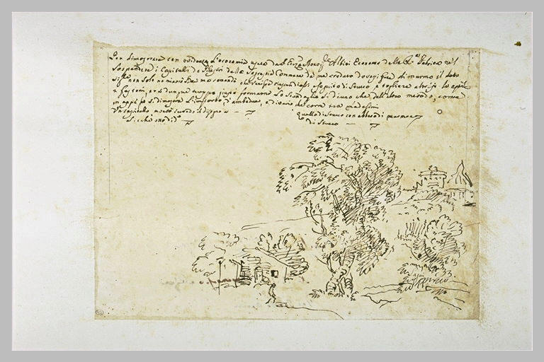 Paysage inachevé avec des maisons et de grands arbres