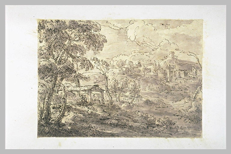 Paysage avec des figures assises sous une halle, des tours sur des collines