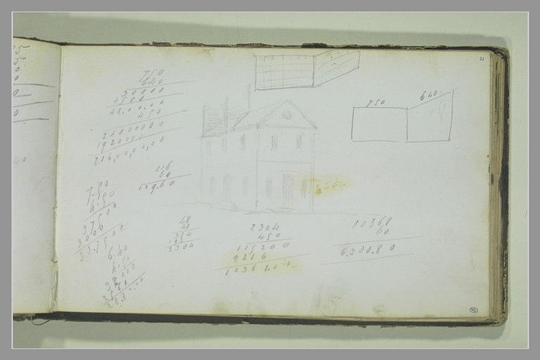 Annotations chiffrées, croquis géométriques ; une maison