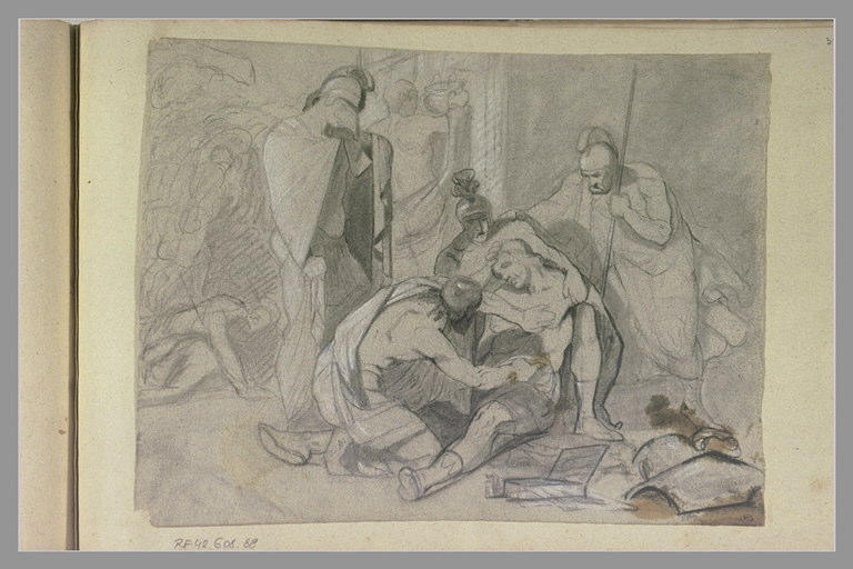 Groupe de soldats autour d'un homme étendu à terre