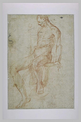 Homme nu assis, appuyé sur ses mains, tourné vers la gauche