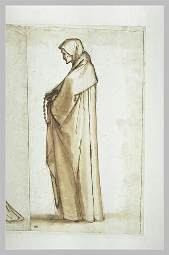 Femme debout, enveloppée dans un manteau et tenant un chapelet