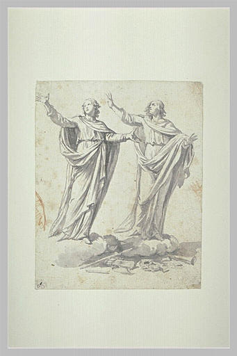 Deux figures drapées, bras écartés, sur des nuages