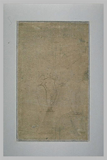 Enfant ailé, debout et reprise de la jambe ; croquis d'architecture