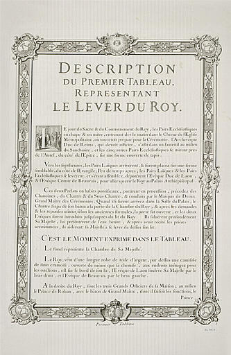 Description du premier tableau représentant le Lever du Roy : texte gravé