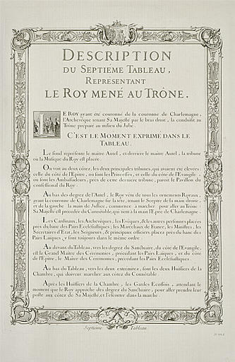 Description du 7ème tableau représentant le Roy mené au trône : texte gravé