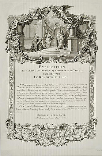 Explication de figures allégoriques du Roy mené au trône : texte gravé