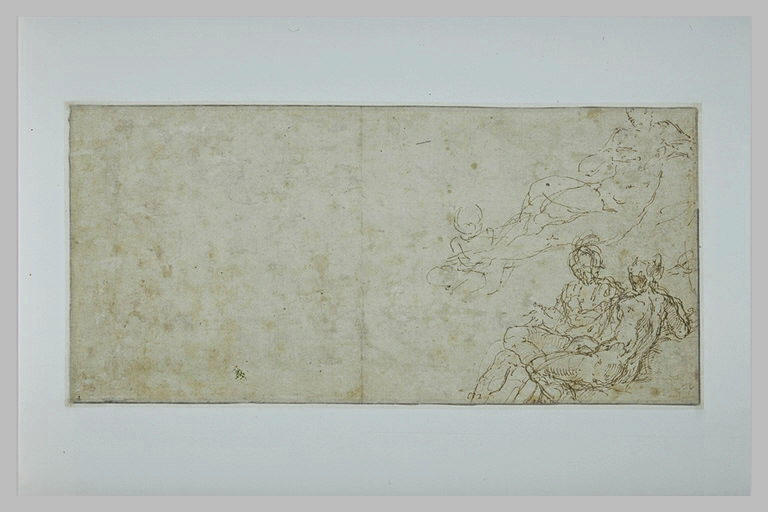 Figure nue tournée vers la droite (Vénus?), putto, couple (Vénus et Mars?)