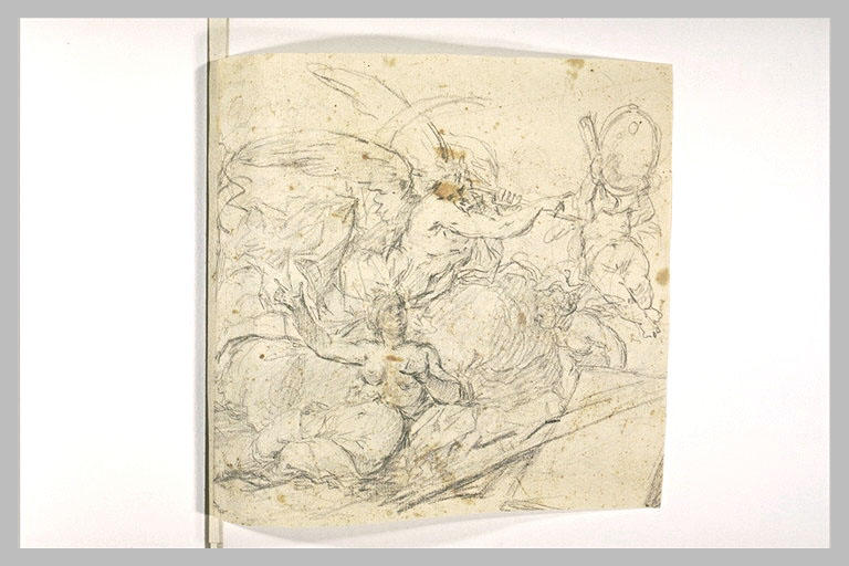 Le Temps volant au-dessus d'une allégorie féminine, et ange tenant un blason