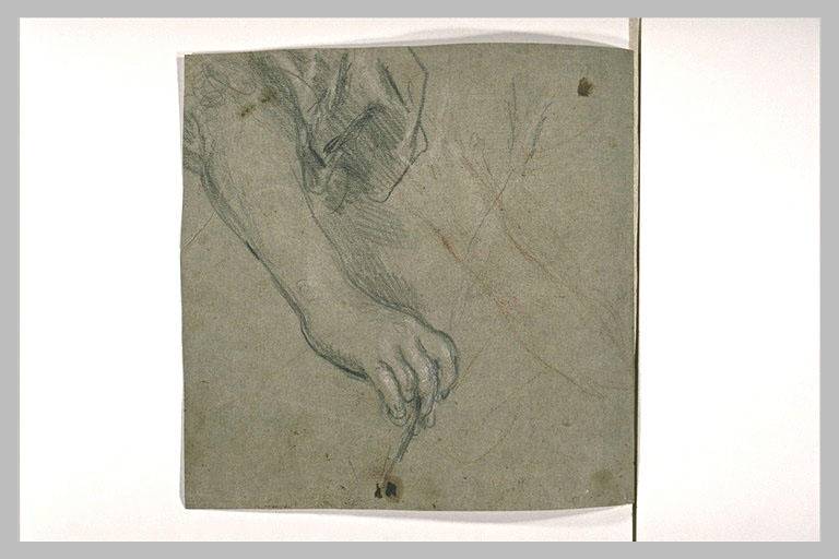 Bras sortant d'une draperie, tenant une plume, et autre bras