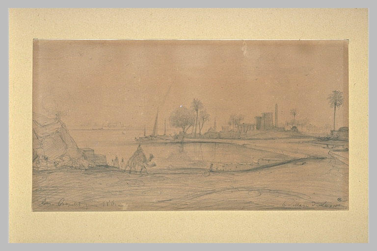 Deux personnages, et vue d'un temple