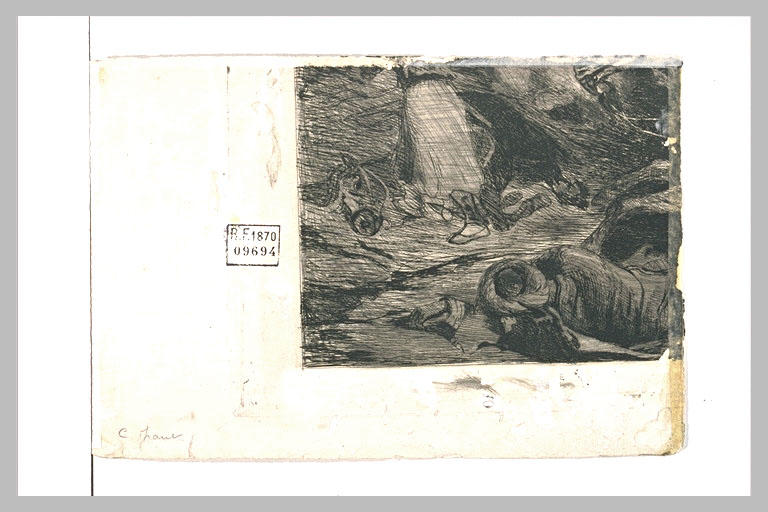 Fragment d'eau-forte avec des cadavres d'hommes et de chevaux