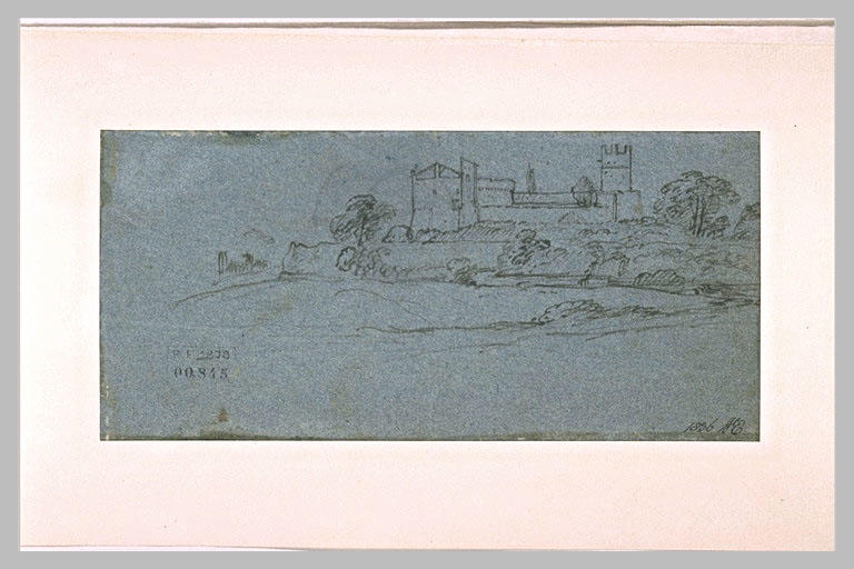 Paysage avec une construction à tour crénelée entourée d'arbres