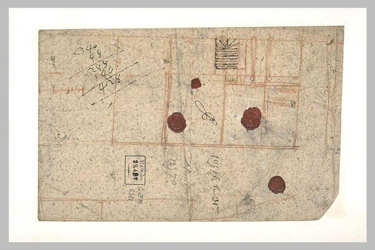 Croquis d'un plan, comptes et cachets de cire