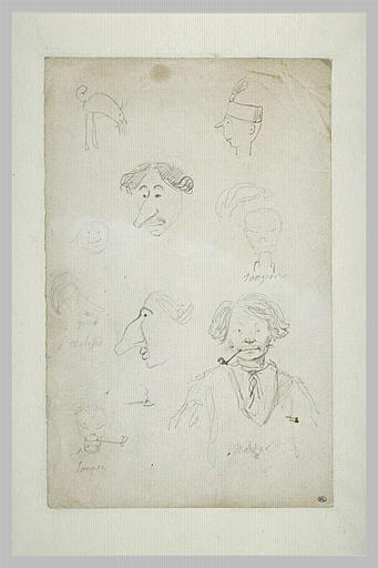 Croquis caricaturaux avec huit têtes et un animal et autoportrait
