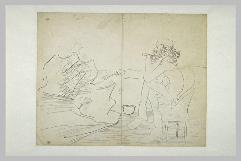 Croquis caricatural d'un personnage fumant la pipe, et peignant