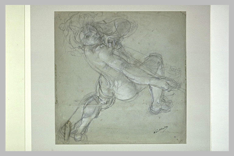 Etude de jeune-homme soufflant dans une trompette, vu en plongée