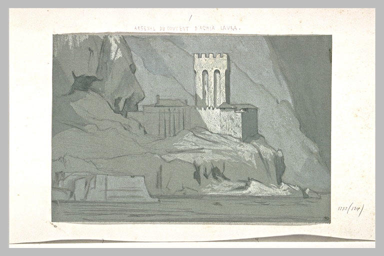 Mont Athos, débarcadère et Pyrgos près de la Grande Lavra