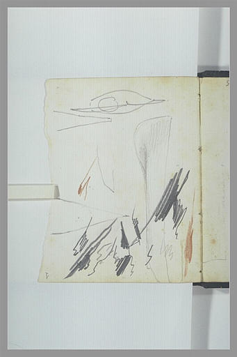 Essai de crayon et de sanguine ; coque d'un bateau, vu de profil