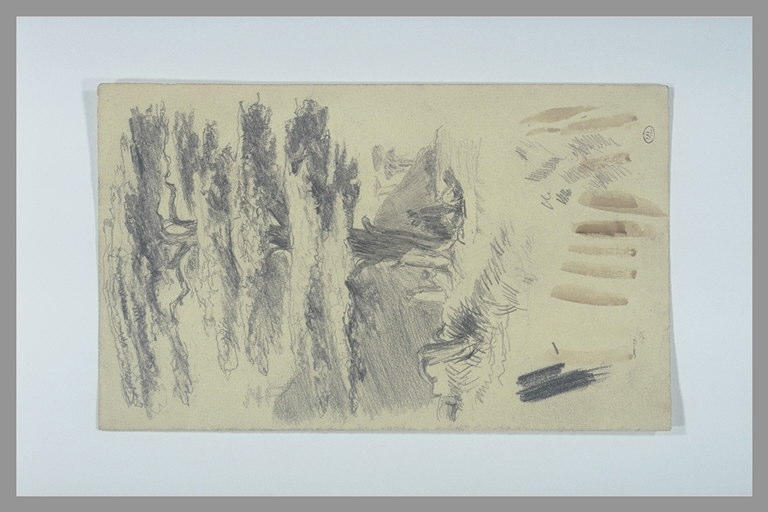 Figures sous un arbre ; essai de crayon et de lavis brun
