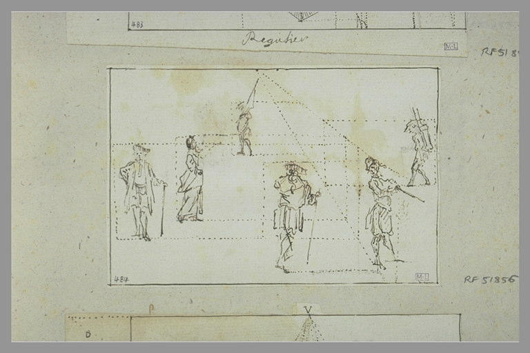 Six figures en perspective reliées par des pointillés