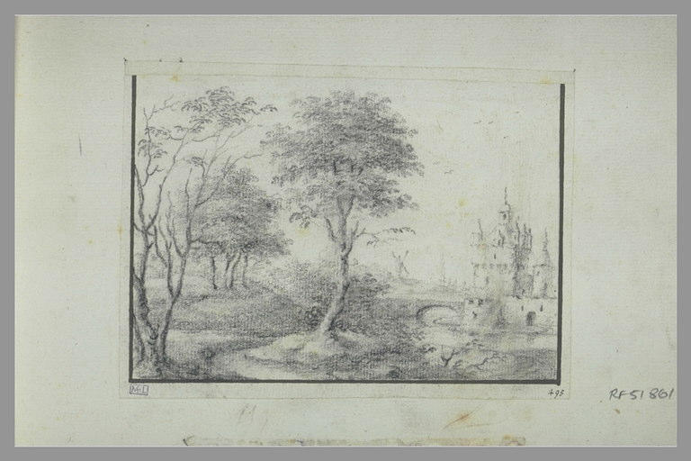 Paysage avec un château-fort entouré d'eau