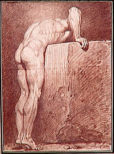 ACADEMIE D'HOMME APPUYE SUR SES MAINS, LE BUSTE REPOSANT SUR UN BLOC DE PIERRE