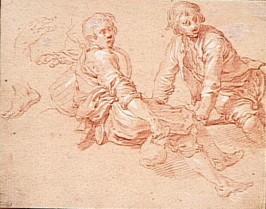 DEUX GARÇONS ASSIS ET ETUDES DE MAINS ET DE PIEDS