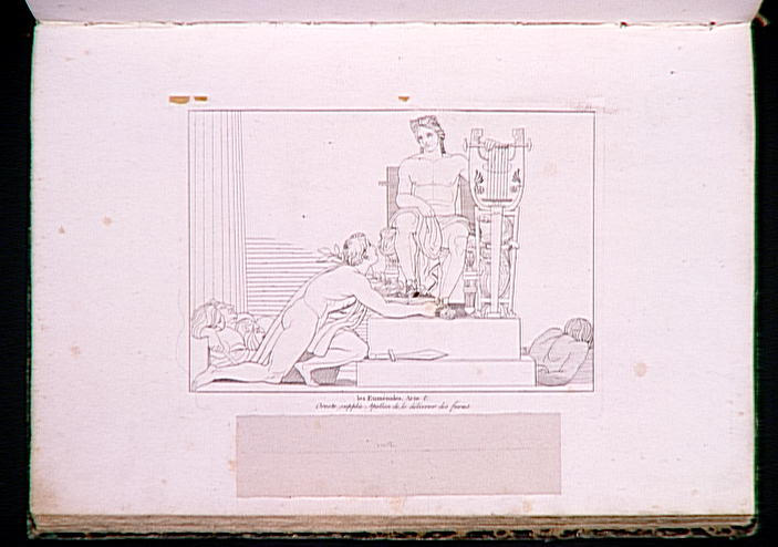 Planche gravée, folio 88  : Les Euménides, acte 1, Oreste supplie Apollon de le délivrer des Furies