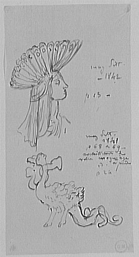 Études de tête couronnée de plumes et de chimère pour Les Chimères, d'après le Magasin Pittoresque