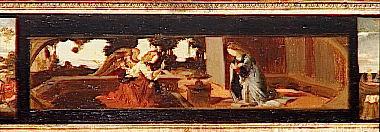 Copie de trois prédelles : La barque de Saint-Pierre par A. Doman ; Annonciation par Léonard de Vinci et La Résurrection de l'école florantine du 15e siècle