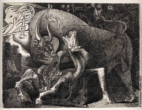 Femme à la bougie, combat entre le taureau et le cheval