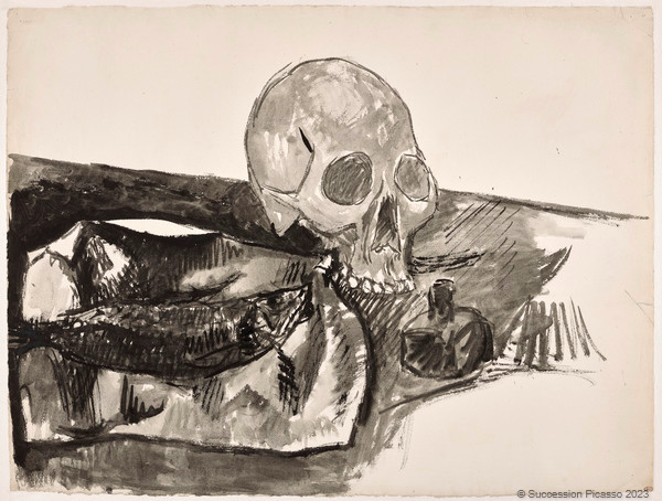 Nature morte: poisson, crâne et encrier