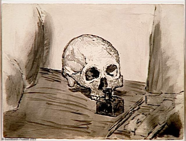 Nature morte: crâne, encrier et marteau
