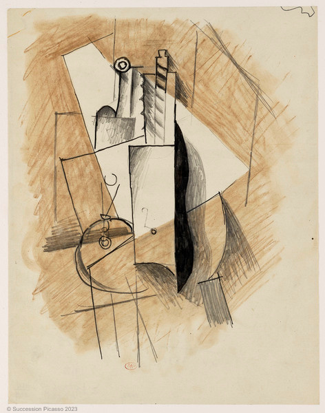 Projet pour une construction: guitare, bouteille et verre sur une table ronde