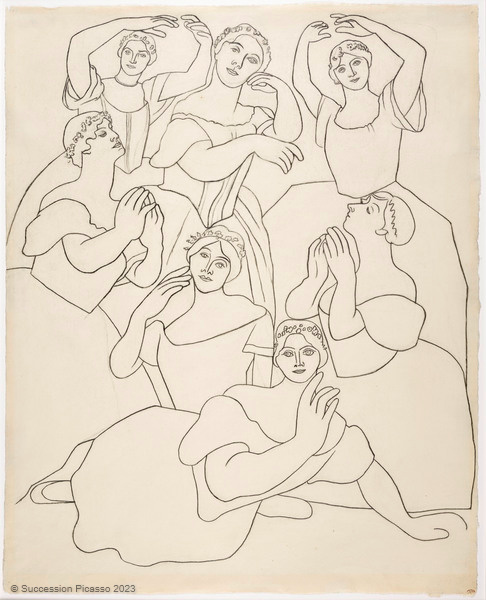 Sept danseuses dont Olga Khokhlova au premier plan, d'après une photographie de White