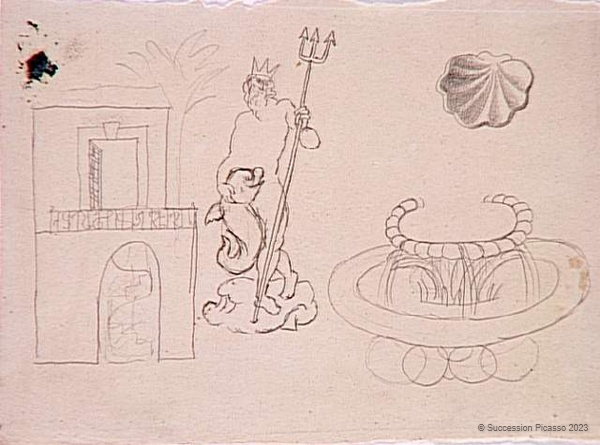 Études d'éléments de décor pour le ballet Pulcinella: maison et fontaine de Neptune