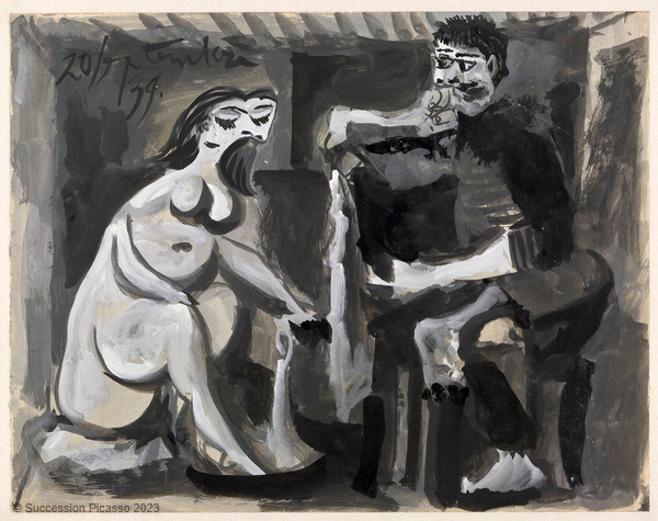 Homme assis et femme à sa toilette