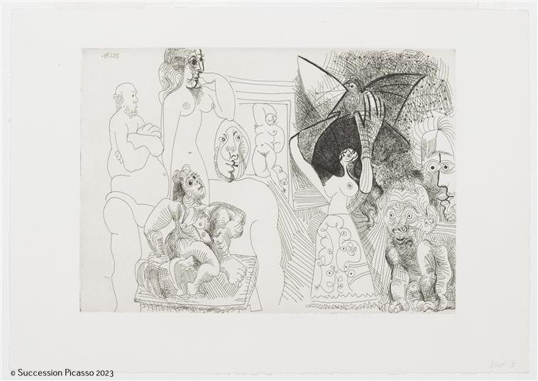 Autoportrait dédoublé, Maja au pigeon, déménageur avec femme et sculpture, Hercule de foire vieillissant, père de l'artiste avec baigneuse ingresque au fond