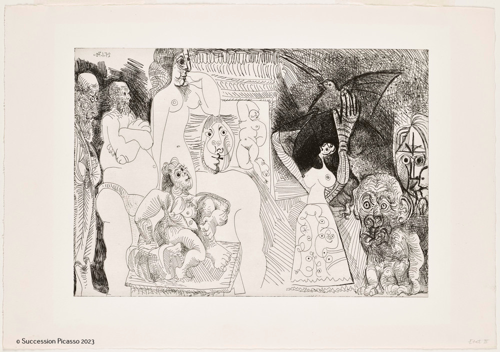 Autoportrait dédoublé, Maja au pigeon, déménageur avec femme et sculpture, Hercule de foire vieillissant, père de l'artiste avec baigneuse ingresque au fond