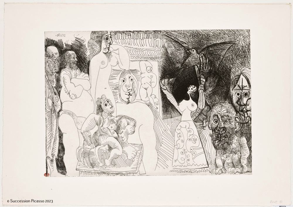 Autoportrait dédoublé, Maja au pigeon, déménageur avec femme et sculpture, Hercule de foire vieillissant, père de l'artiste avec baigneuse ingresque au fond