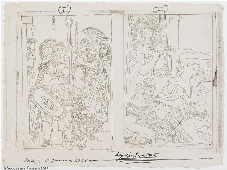 "Accord entre les Athéniens et les Spartiates. La Paix" et "Cinésias et Myrrhine en famille"